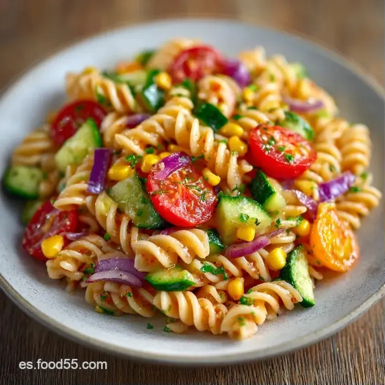 Composici&oacute;n colorida en plato blanco con hojas de albahaca fresca y queso blanco desmenuzado sobre pasta glaseada.