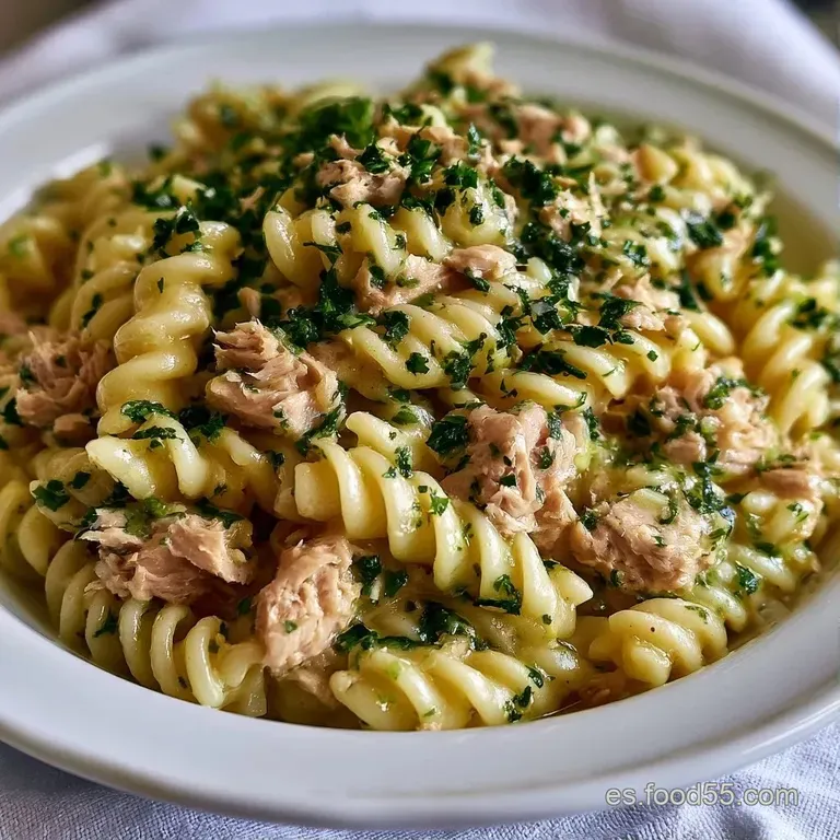 Plato blanco con pasta cremosa, motas de at&uacute;n y vegetales picados, decorado con una hoja de perejil sobre fondo claro.