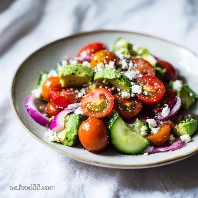 Plato blanco con vegetales coloridos dispuestos con cuidado, gotas de vinagreta brillante y hojas de albahaca fresca.