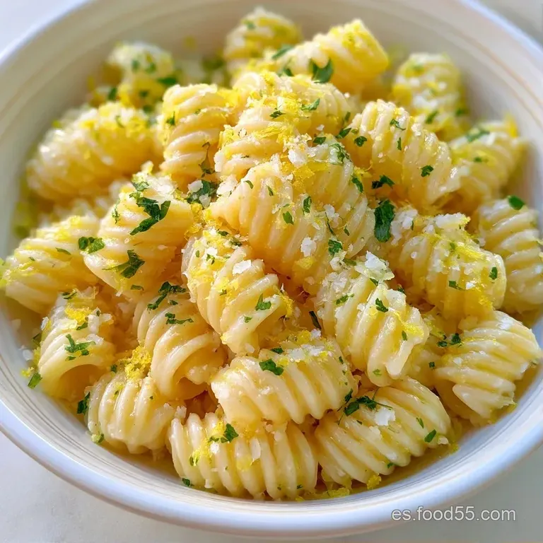 Pasta dispuesta en plato blanco, adornada con finas l&aacute;minas de queso blanco, ralladura c&iacute;trica y un toque verde.