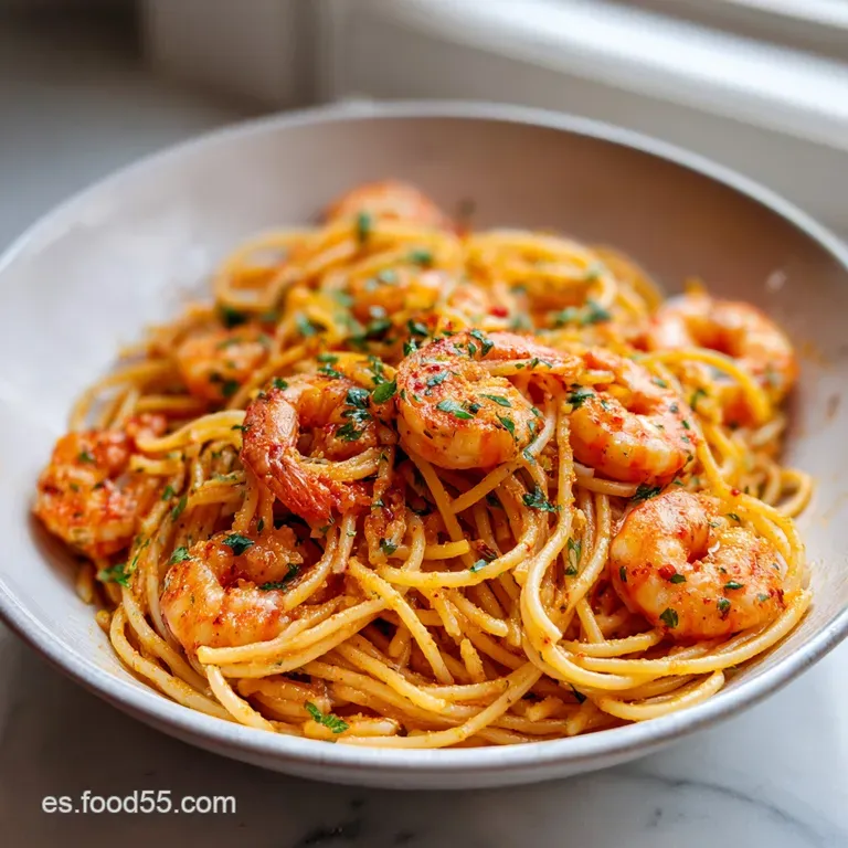 Elegant plate of creamy shrimp spaghetti, glistening with sauce, adorned with fresh herbs, and a lemon wedge, promising a ...