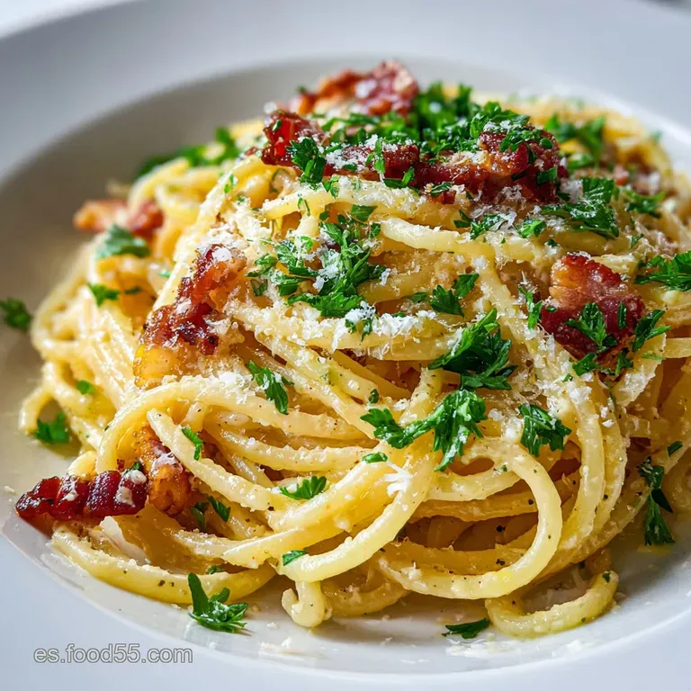 Perfectly twirled spaghetti carbonara glistening with creamy sauce, topped with a sprinkle of parmesan and crispy fried gu...