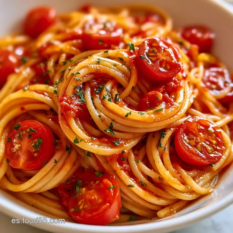 Pasta enrollada en espiral con salsa espesa de tomate, lluvia de queso blanco rallado y un toque de aceite dorado.