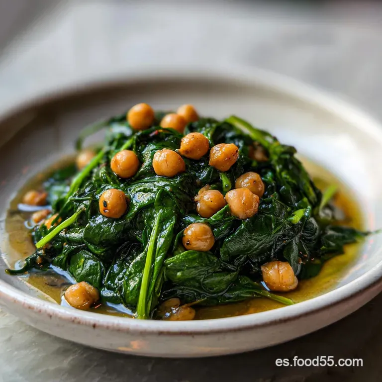 Elegantly plated spinach and chickpeas, glistening with olive oil and a sprinkle of smoked paprika, served in a rustic bowl.