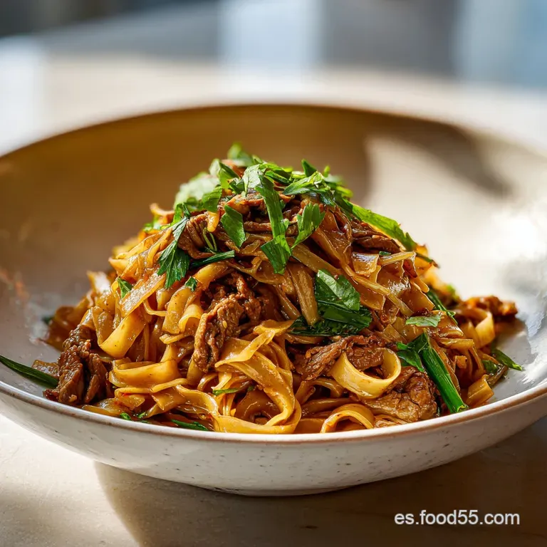 A steaming serving of shiny, translucent rice noodles with visible bits of vegetables, artfully plated on a modern white d...