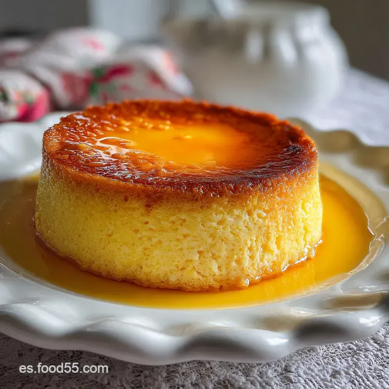 Creamy flan de huevo with a glossy caramel drizzle. Garnished with a sprig of fresh mint. A traditional Spanish dessert.