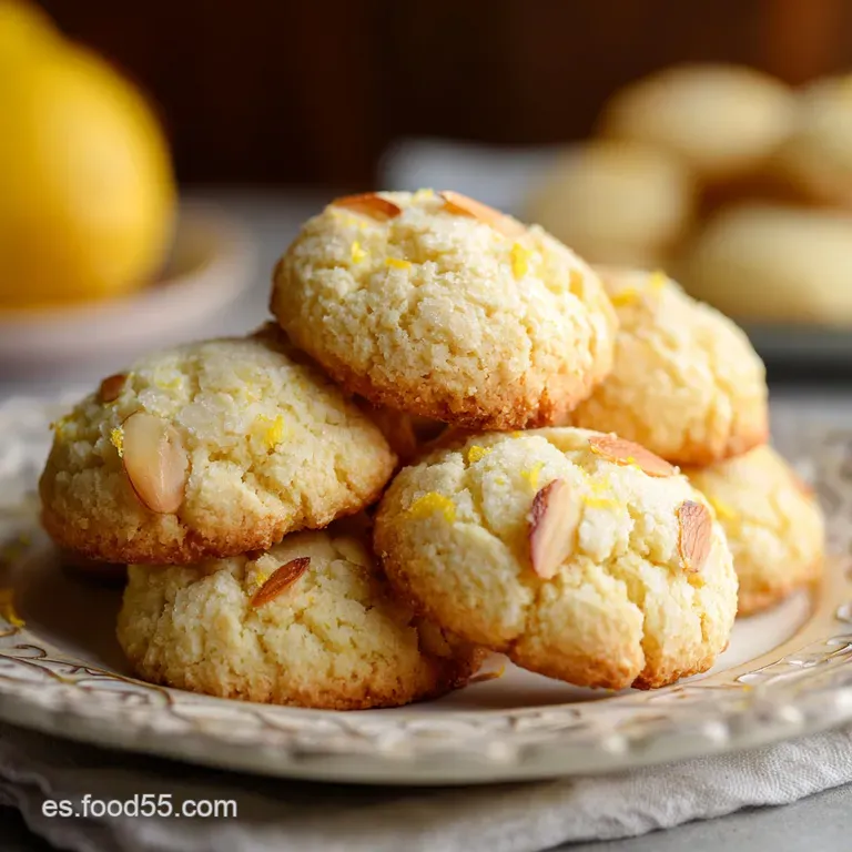 A neat stack of delicate almond lemon cookies, lightly browned, presented with a scattering of fresh lemon zest.