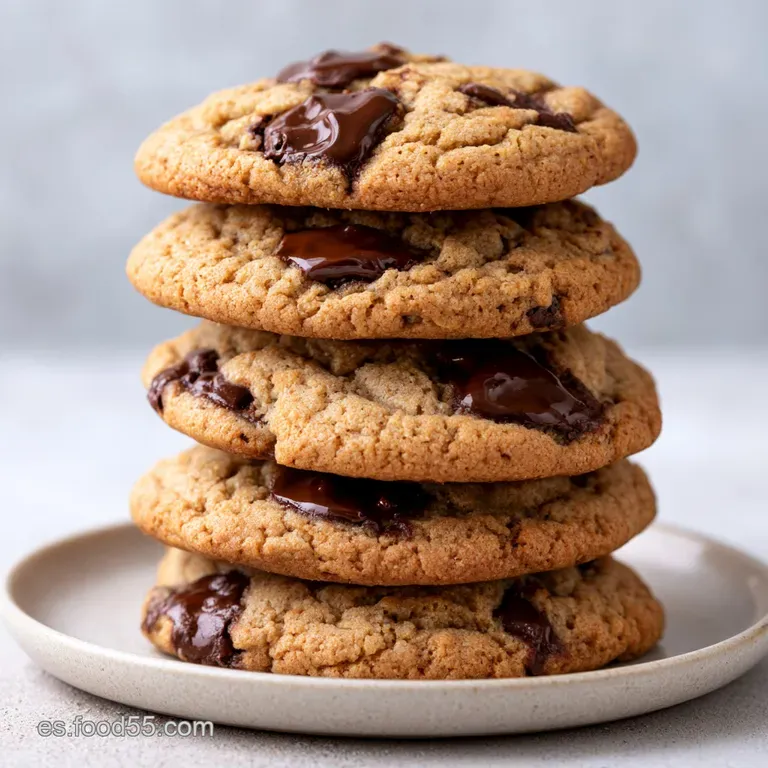 Torre de galletas oscuras apiladas con trozos de chocolate fundido, acompa&ntilde;adas de una servilleta de lino blanco.
