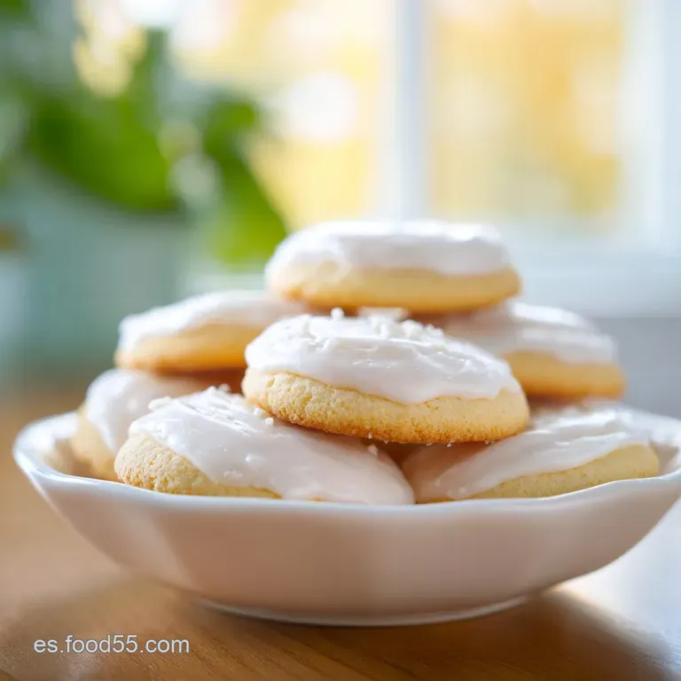 Stack of four cream cheese cookies dusted with powdered sugar on a white plate; sunlight highlights their delicate texture.