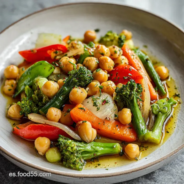Steaming garbanzo and vegetable stew in a shallow bowl, garnished with parsley sprig, drizzled with olive oil, and crusty ...