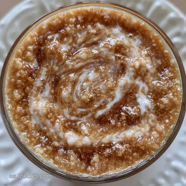 Copas de cristal con granizado marrón claro, coronadas con crema batida blanca y una pizca de canela en polvo fina.