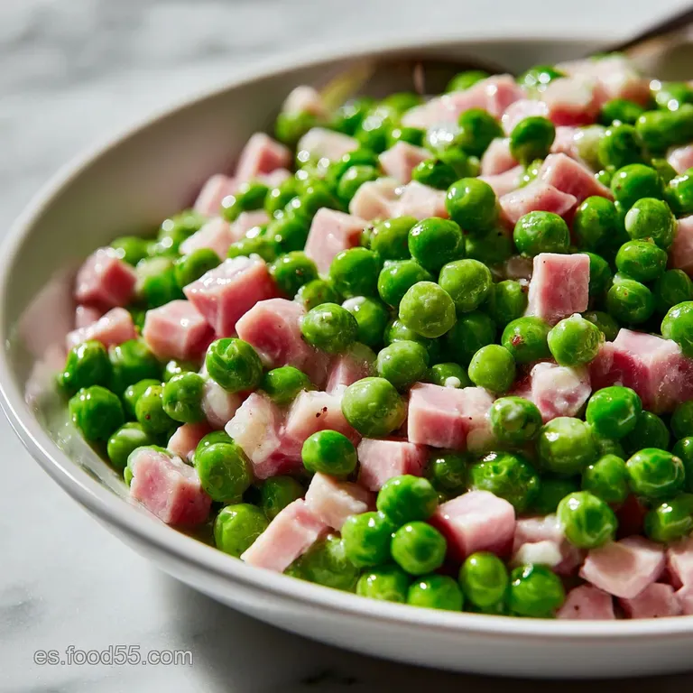 Glistening green peas and savory ham artfully arranged on a white plate, garnished with fresh herbs and a drizzle of olive...