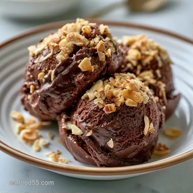Helado de chocolate en copa de cristal, adornado con almendras laminadas y un toque de sirope brillante y espeso.