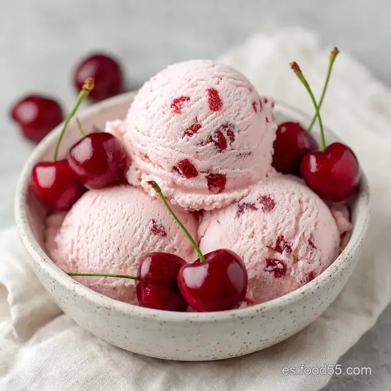 Copas de cristal con helado rosado, cerezas enteras brillantes y un toque de nata montada blanca y aireada.