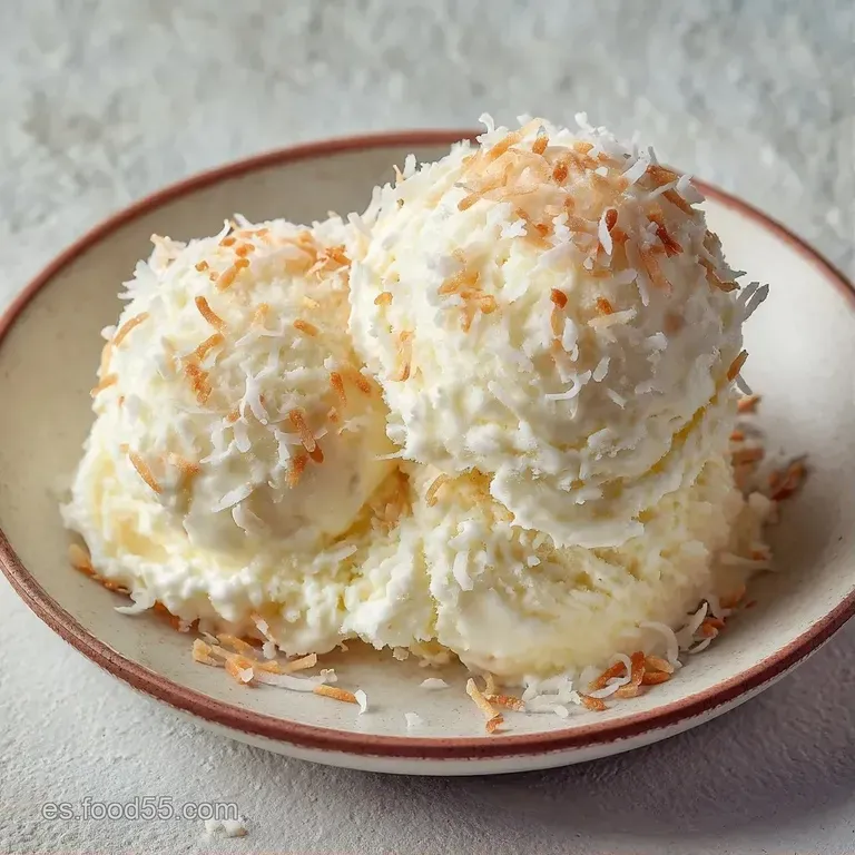 Helado blanco nieve servido en copa de cristal con hilos de leche de coco espesa y trozos de coco natural encima.