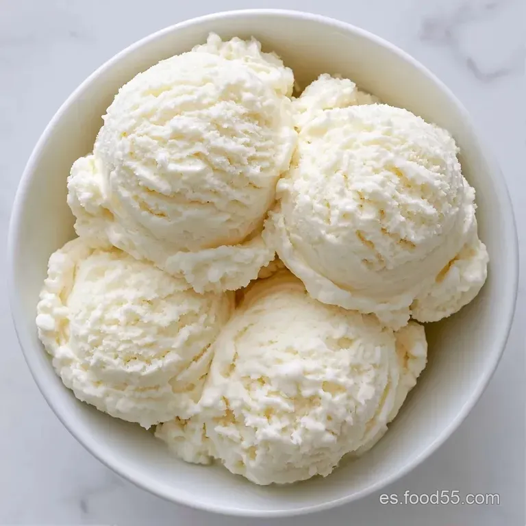 Tres bolas de helado blanco marfil dispuestas en un plato, con bordes suaves y un brillo satinado muy apetecible.
