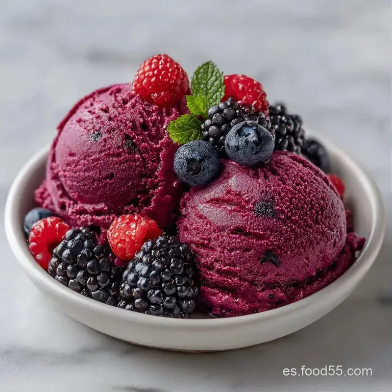 Copa de cristal con crema helada color violeta, gotas brillantes de leche espesa y una hoja de menta verde vibrante.