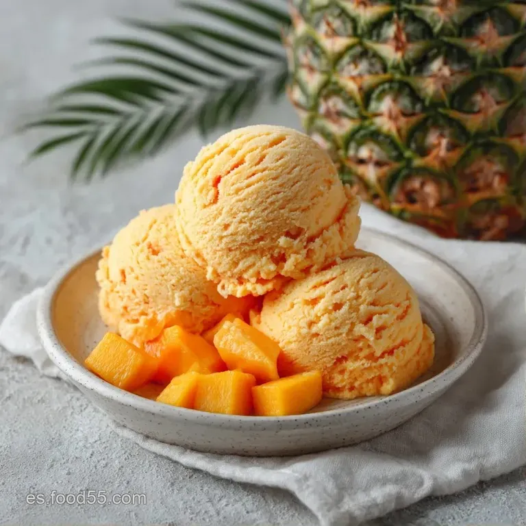 Bola de helado multicolor adornada con una hoja de menta fresca y una cereza sobre un plato de porcelana blanca.