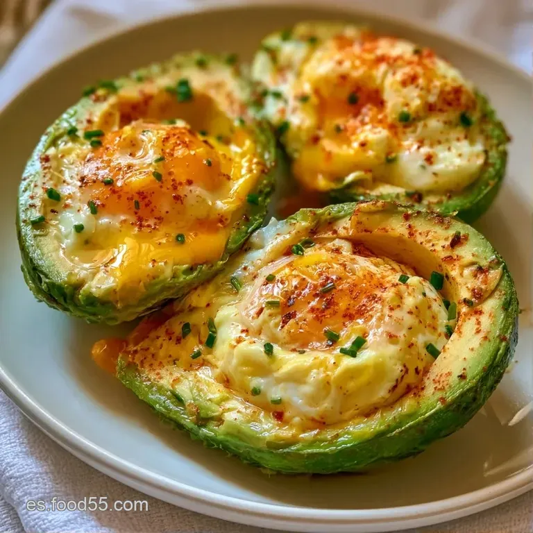 Láminas de aguacate dispuestas en círculo con huevos encima, decoradas con hojuelas rojas y brotes verdes frescos.
