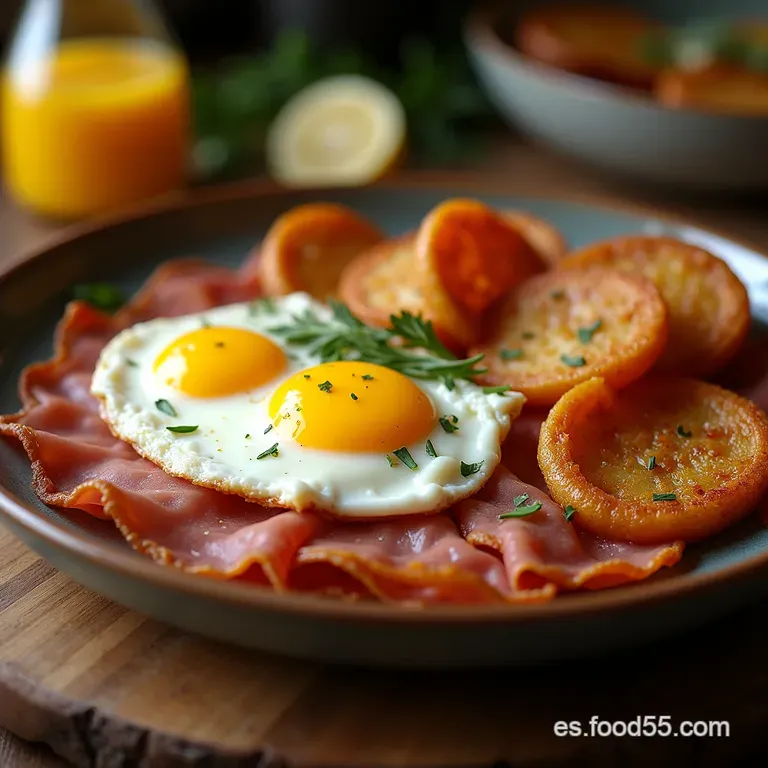 Huevos Estrellados Cl&aacute;sicos Con Patatas Panaderas Y Jam&oacute;n Ib&eacute;rico presentation