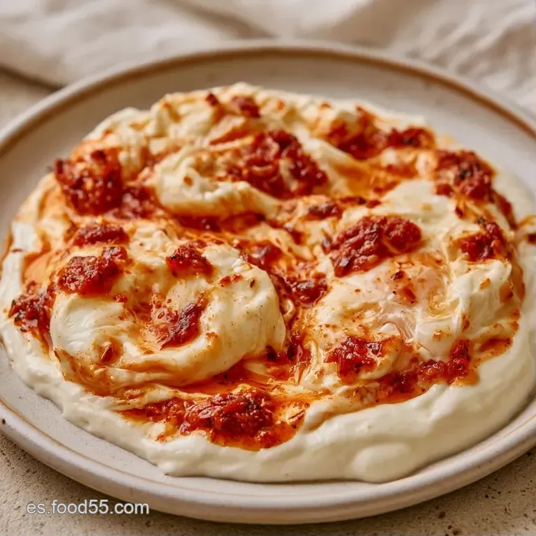 Plato cerámico rústico con huevos brillantes sobre base de yogurt suave, decorado con aceite de pimentón y hierbas.