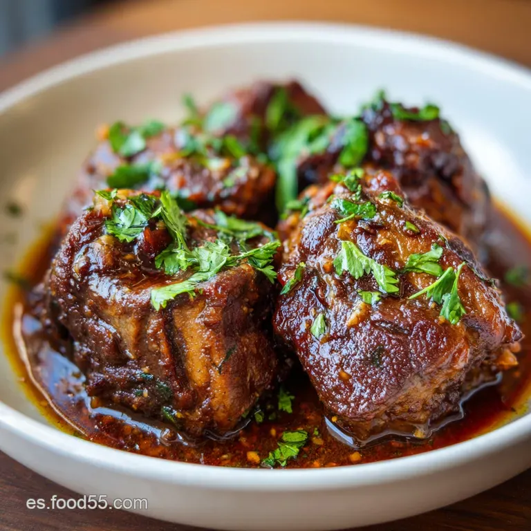 Braised beef shank plated elegantly with creamy polenta. Garnished with fresh herbs and a drizzle of sauce. Deep, rich col...