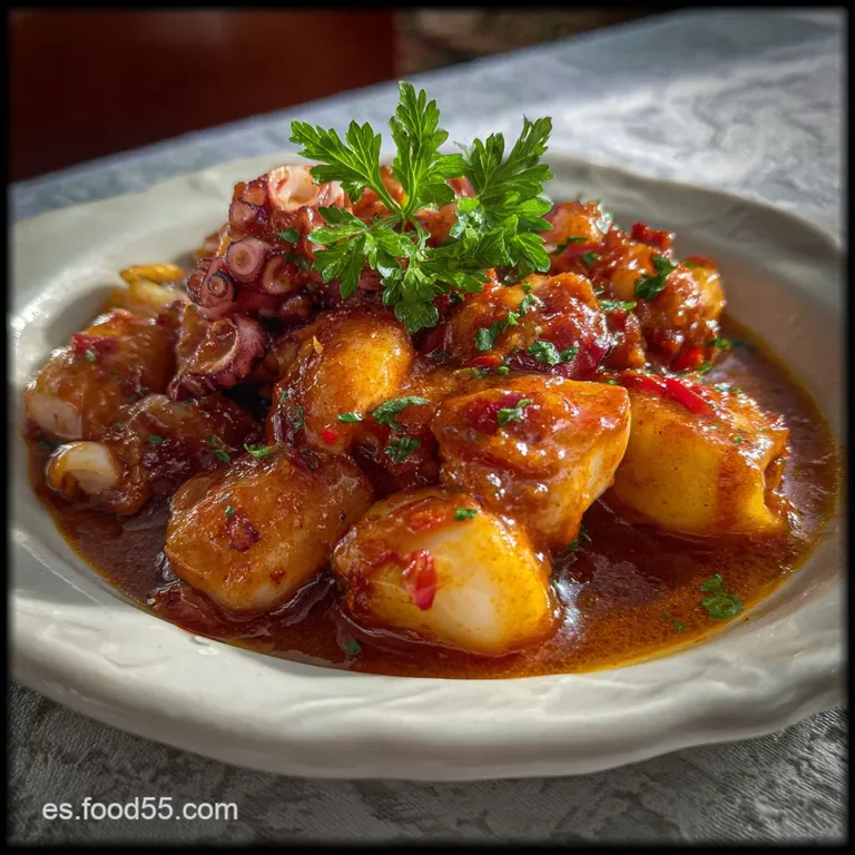 Tender, glistening squid bathed in rich, dark sauce, artfully arranged on a pristine white plate. Hints of herbs and vibra...