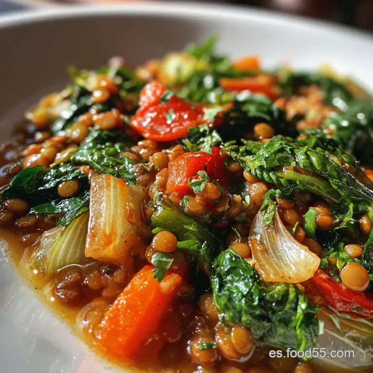 A warm bowl of lentils and vegetables, garnished with a swirl of olive oil and fresh parsley sprigs. Rustic charm, invitin...
