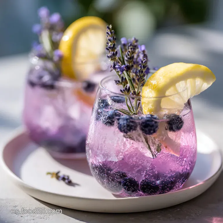 A tall, chilled glass of purple lemonade, glistening with condensation, topped with fresh berries.