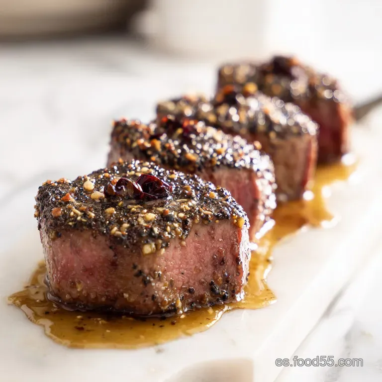 Cortes de lomo dispuestos sim&eacute;tricamente con una salsa espesa y brillante, decorados con perejil fresco y gotas de aceite.