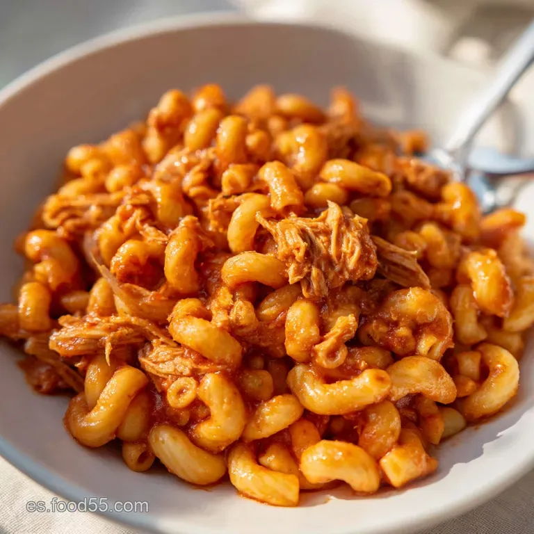 Pasta corta ba&ntilde;ada en salsa blanca brillante con lascas de at&uacute;n, servida en plato cer&aacute;mico con toque de pimienta negra.