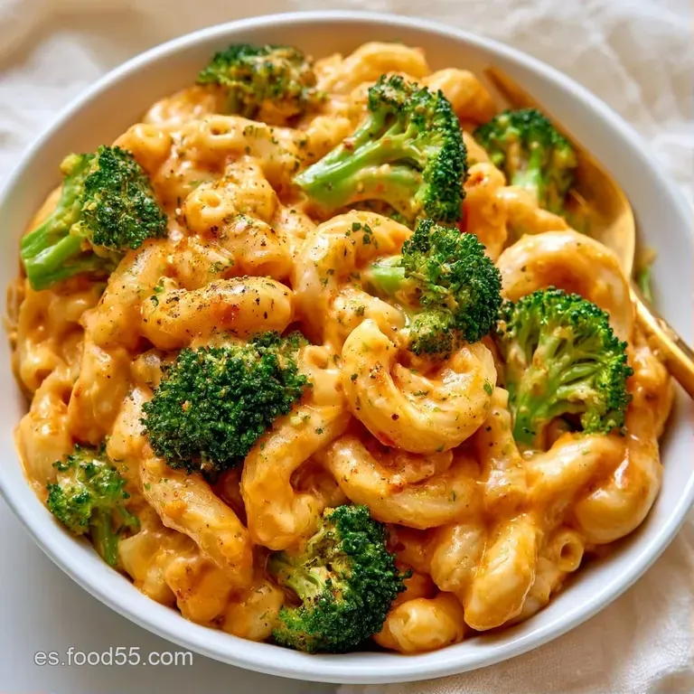 Porción de pasta cremosa con brócoli verde, servida en plato blanco con un toque de queso rallado y pimienta negra.