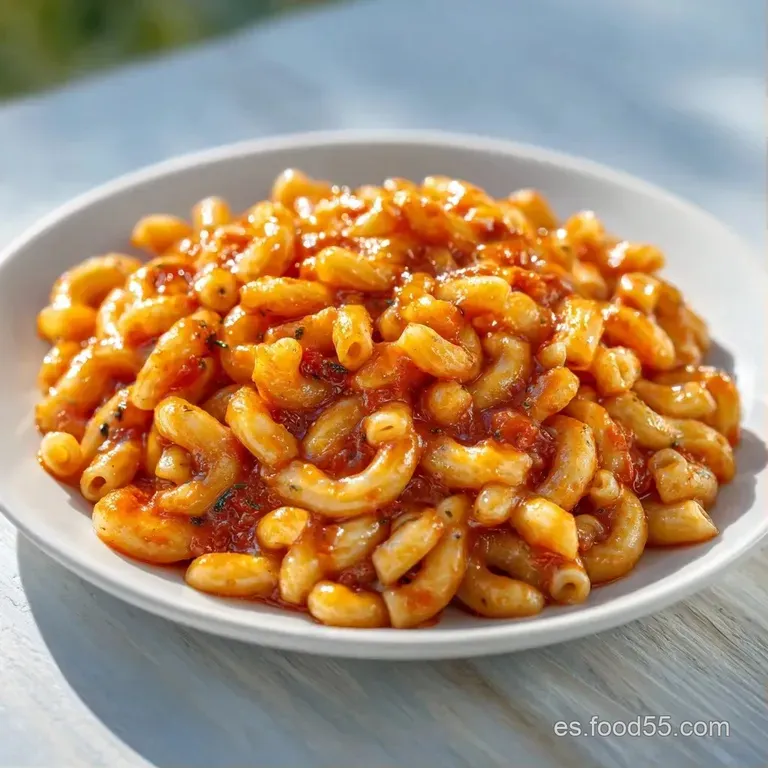 Pasta corta en plato blanco con salsa roja cremosa, trozos de cebolla blanca y un toque de albahaca fresca sobre el tope.