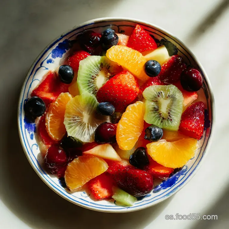 Elegant glass bowl overflowing with a rainbow of fruit, glistening with a light syrup, and a sprig of mint.