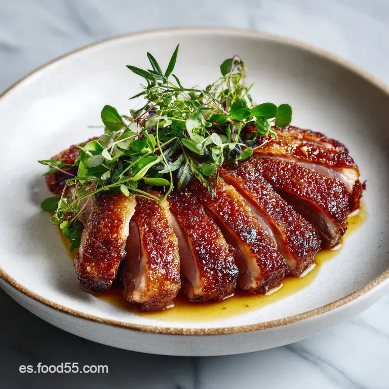Elegant plate featuring sliced duck breast with ruby-red interior, a vibrant cherry sauce, and colorful microgreens on a w...
