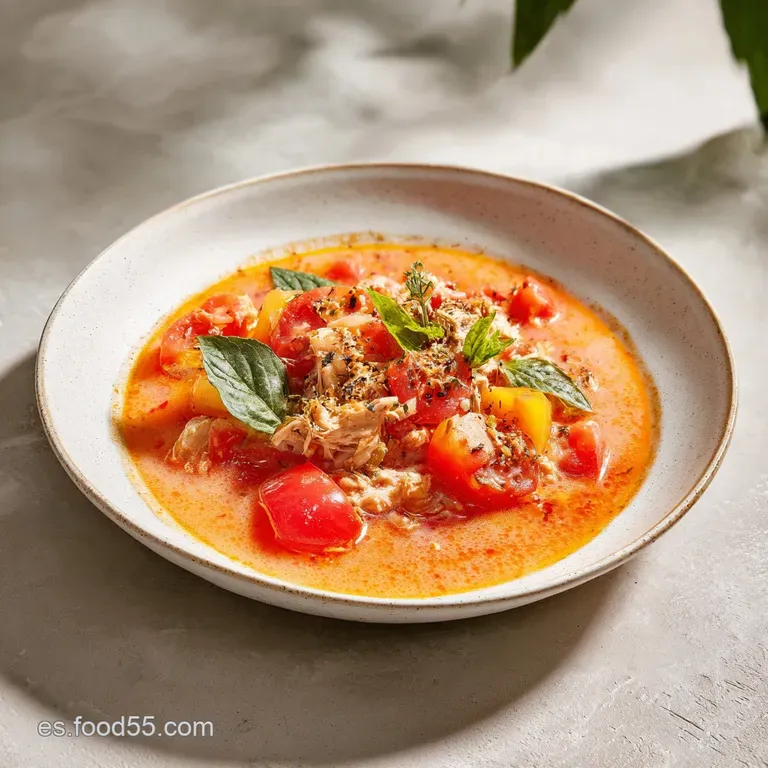 Steaming bowl of chunky tuna stew, glistening with olive oil, garnished with parsley, and served with crusty bread. Comfor...