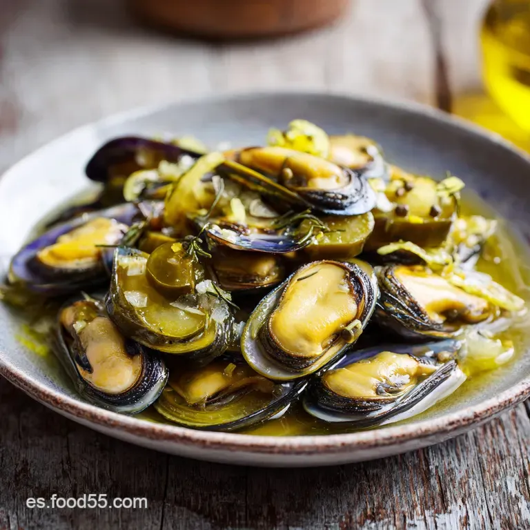 A stack of glossy mussels in bright, tangy sauce, artfully arranged on a plate with crusty bread to soak up the juices.