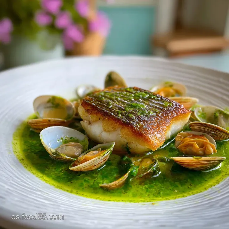 Flaky white fish nestled amongst open clams in a shallow bowl, glistening with olive oil and bright green herbs as a garnish.