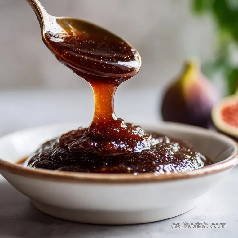 A spoonful of jewel-toned fig marmalade cascading onto a crusty slice of bread, hinting at warm sweetness and fruity inten...