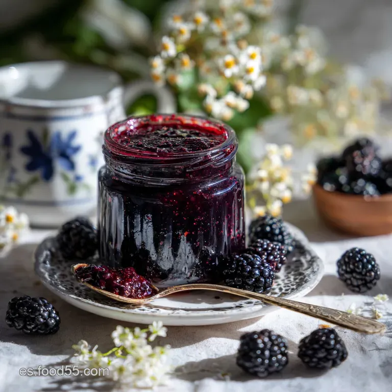 Elegant spoonful of glistening, dark blackberry jam cascading onto a freshly baked scone. Hints of steam rising from the w...