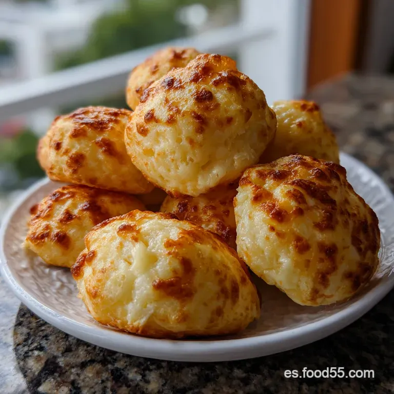 Golden, airy cheese puffs artfully arranged on a white plate, showcasing a crispy exterior and soft, warm interior.