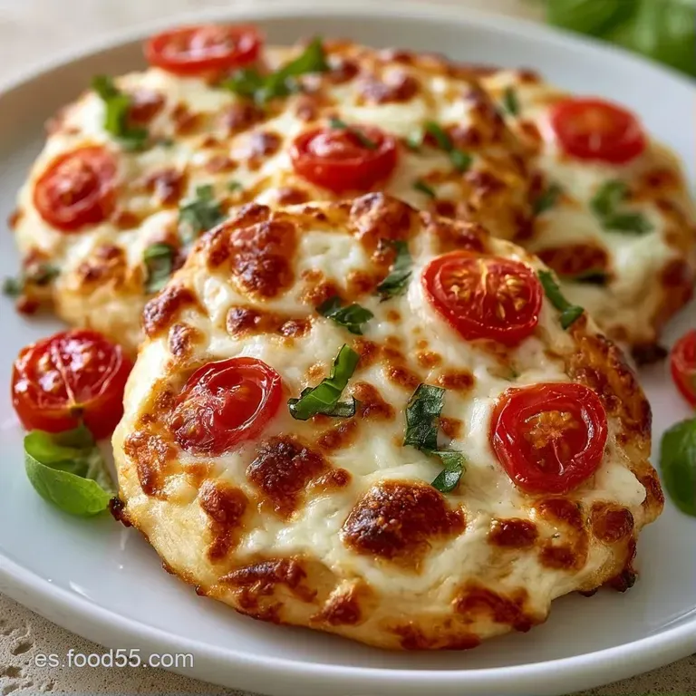 Mini pizzas sobre tabla de madera r&uacute;stica, destacando sus bordes dorados, el rojo intenso del tomate y el verde albahaca.