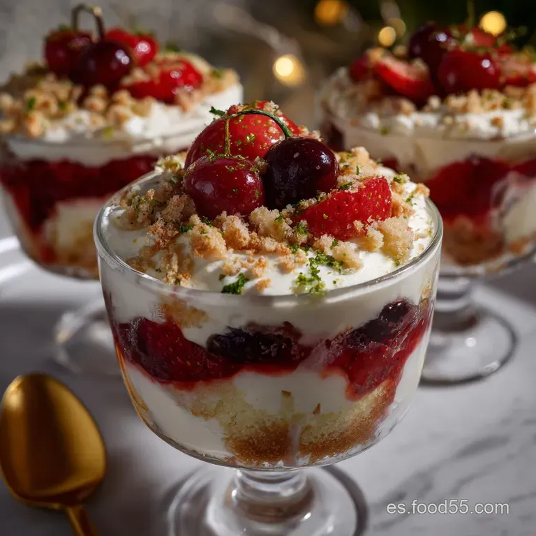 Elegant serving of mini trifles, each showcasing layers of creamy dessert, bright berries, and a sprinkle of cookie crumbs.