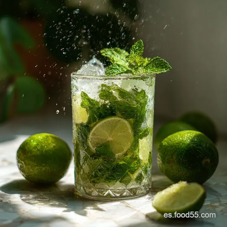 Elegant mojito presentation: frosted glass, mint sprig garnish, lime slice, and a sugar-rimmed glass offer a festive feel.
