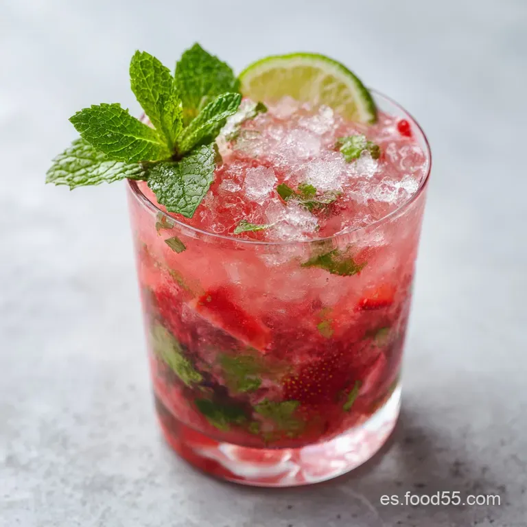Vaso alto con gotas de condensaci&oacute;n, rodajas de fresa flotando y menta fresca sobre un fondo luminoso y minimalista.