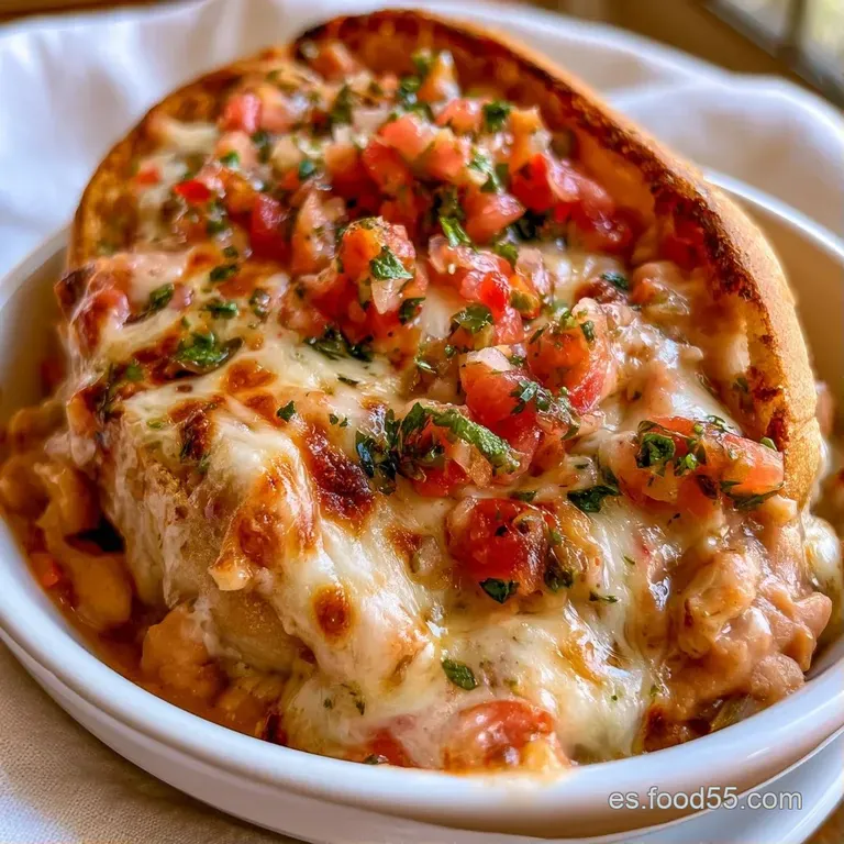 Pan crujiente con queso gratinado sobre plato blanco, acompañado de aguacate fresco y gotas de salsa roja vibrante.