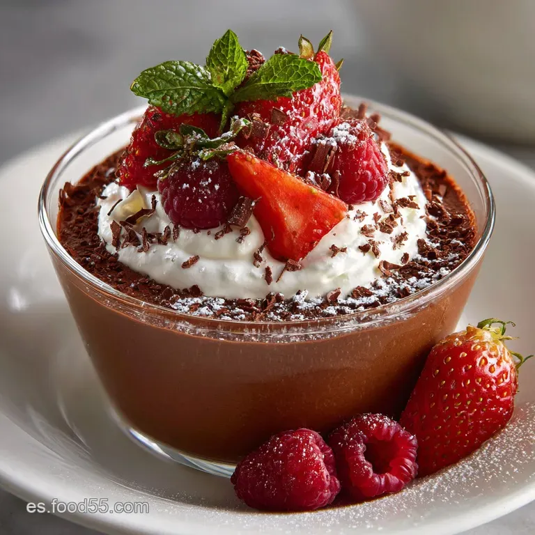 Elegant chocolate mousse quenelle on a white plate, topped with shaved chocolate and a delicate dusting of cocoa powder.