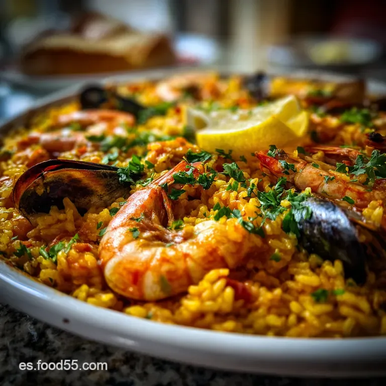Elegant plated paella showcasing glistening seafood, saffron-tinged rice, and a sprinkle of fresh parsley. Ready to be dev...