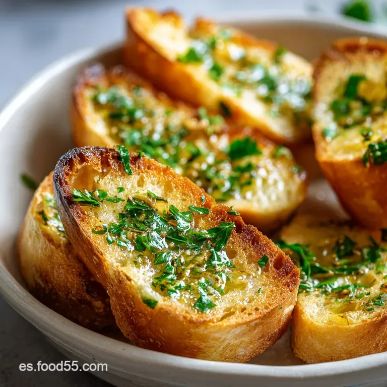 Neatly sliced toasted garlic bread on a white ceramic platter, glistening with butter and a sprinkle of fresh herbs.