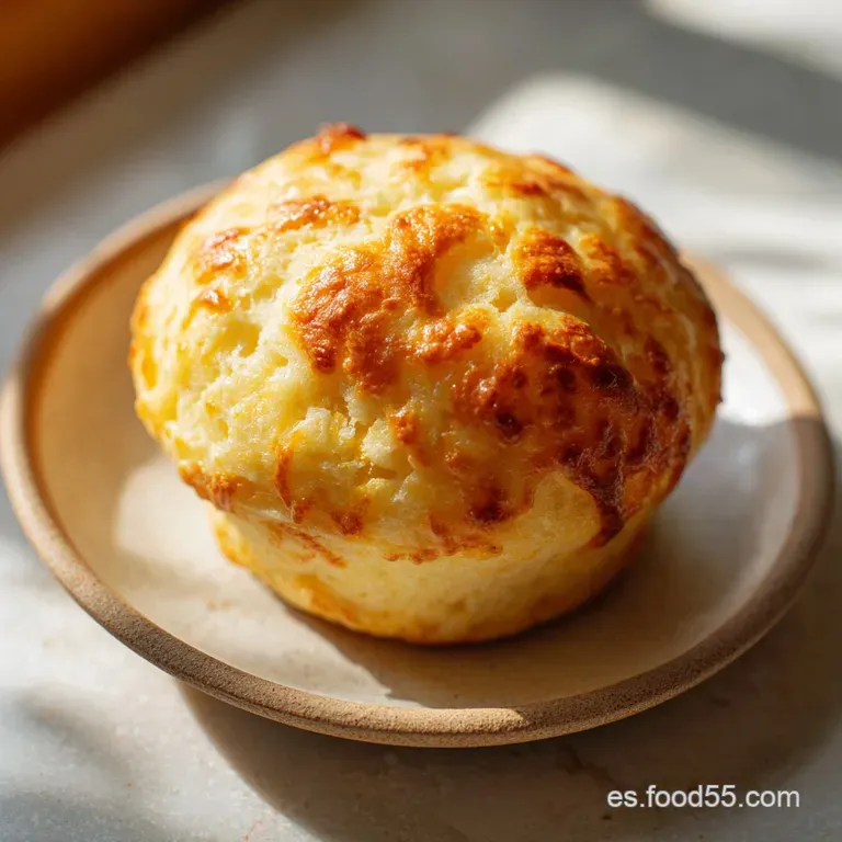 A single, perfectly round cheese bread sits on a white plate, steam rising. Fresh parsley sprig adds a pop of green.